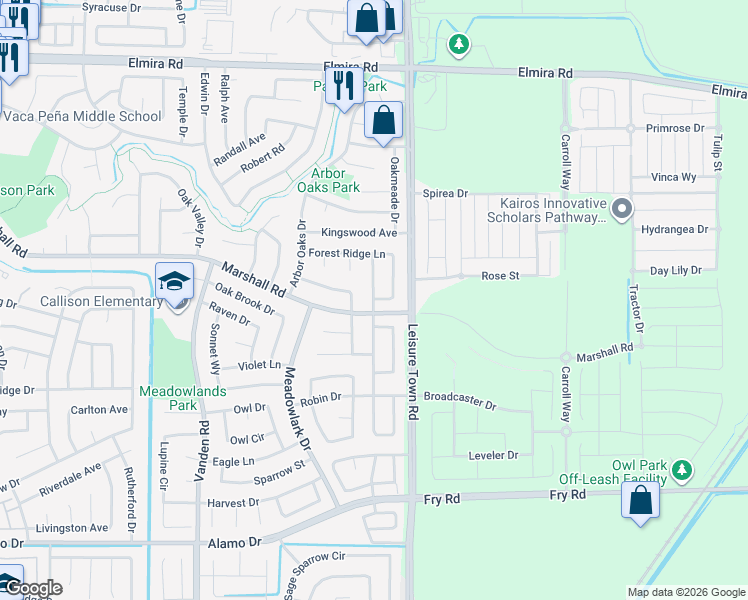 map of restaurants, bars, coffee shops, grocery stores, and more near Forest Ridge Cir & Fox Hollow Way in Vacaville