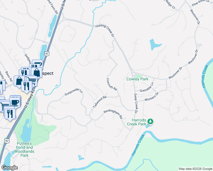 map of restaurants, bars, coffee shops, grocery stores, and more near 6701 Tallwood Court in Prospect