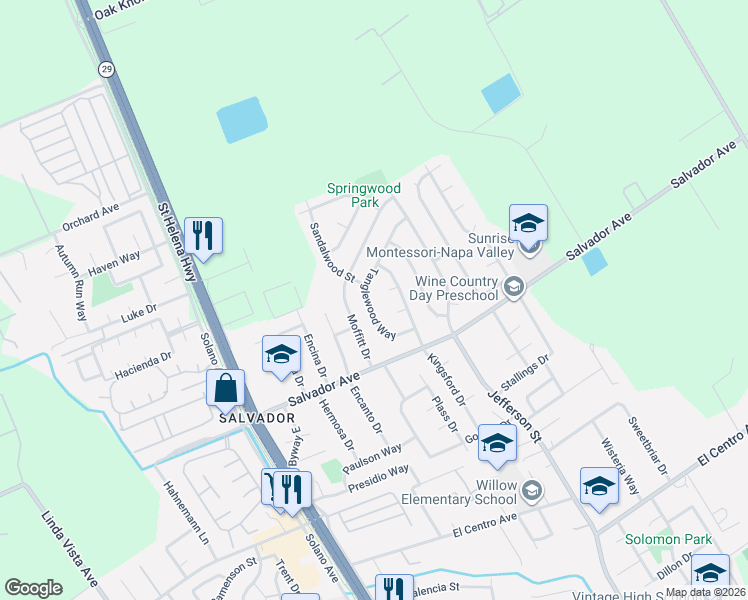 map of restaurants, bars, coffee shops, grocery stores, and more near 4432 Tanglewood Way in Napa
