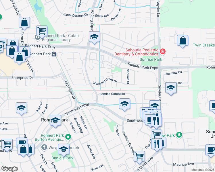 map of restaurants, bars, coffee shops, grocery stores, and more near 998 Camino Coronado in Rohnert Park