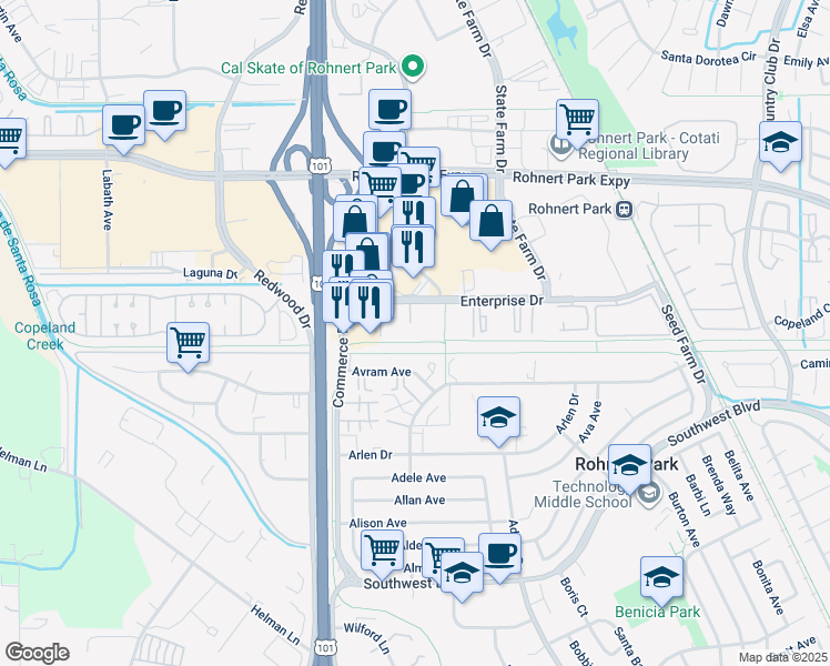 map of restaurants, bars, coffee shops, grocery stores, and more near in Rohnert Park