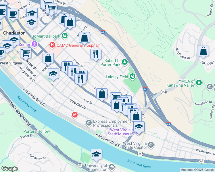 map of restaurants, bars, coffee shops, grocery stores, and more near 1568 Lewis Street in Charleston