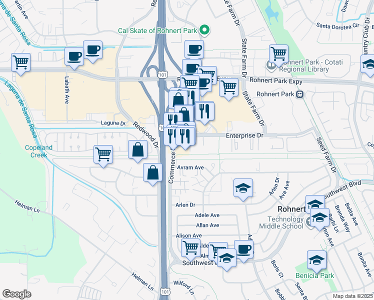 map of restaurants, bars, coffee shops, grocery stores, and more near in Rohnert Park