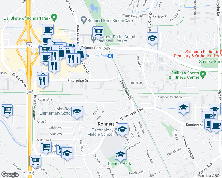 map of restaurants, bars, coffee shops, grocery stores, and more near 455 college Blvd in Rohnert Park