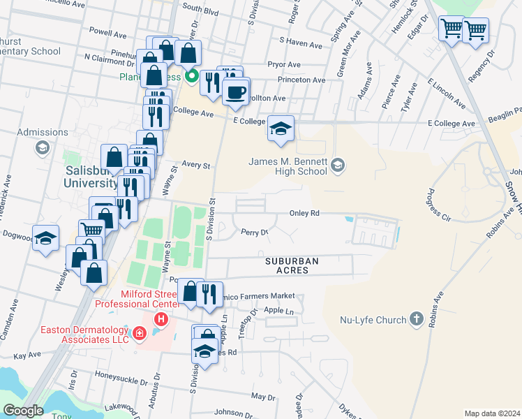 map of restaurants, bars, coffee shops, grocery stores, and more near 131 Onley Road in Salisbury