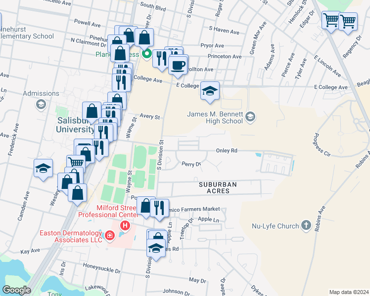 map of restaurants, bars, coffee shops, grocery stores, and more near 119 Onley Road in Salisbury