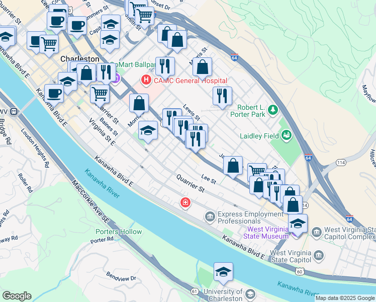 map of restaurants, bars, coffee shops, grocery stores, and more near 1429 Lee Street East in Charleston