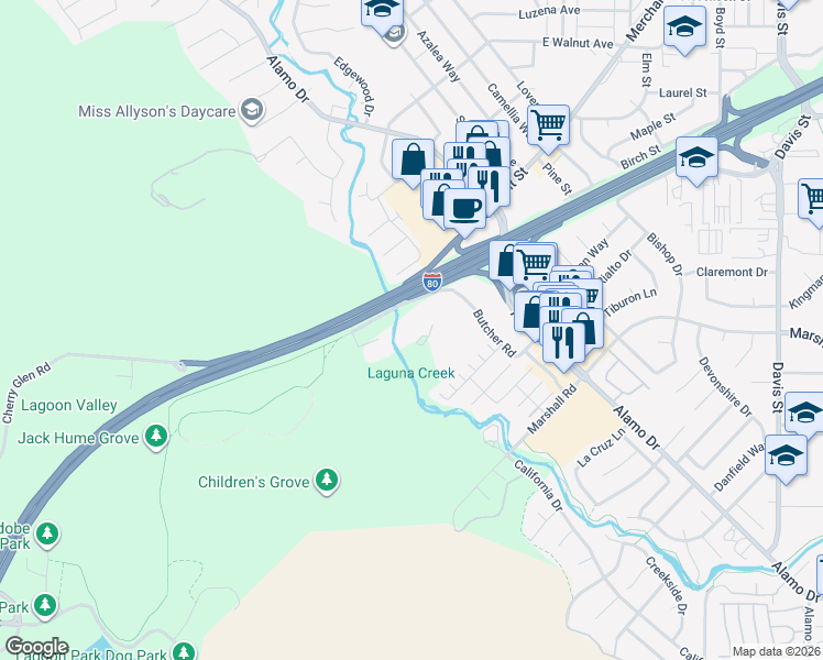 map of restaurants, bars, coffee shops, grocery stores, and more near 370 Butcher Road in Vacaville