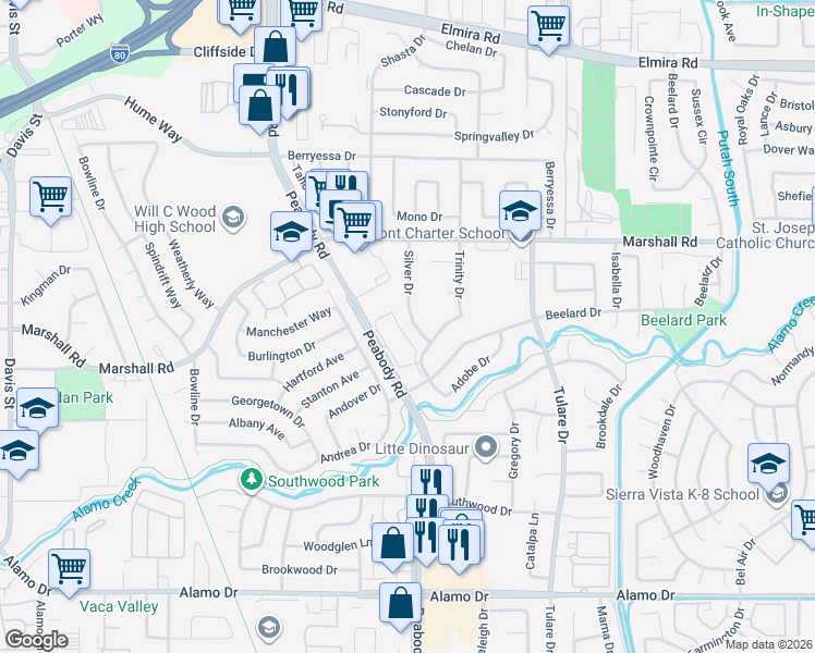 map of restaurants, bars, coffee shops, grocery stores, and more near 8 Peabody Road in Vacaville