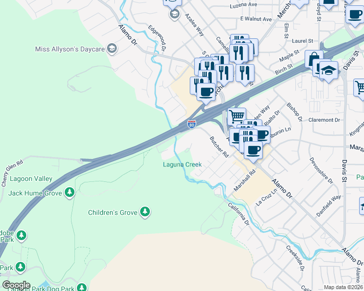 map of restaurants, bars, coffee shops, grocery stores, and more near 370 Butcher Road in Vacaville