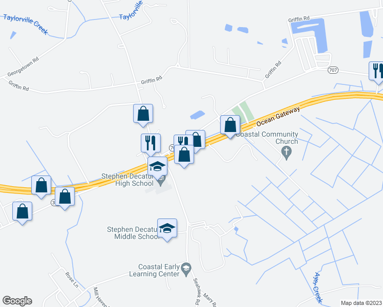 map of restaurants, bars, coffee shops, grocery stores, and more near 10734 Ocean Gateway in Berlin