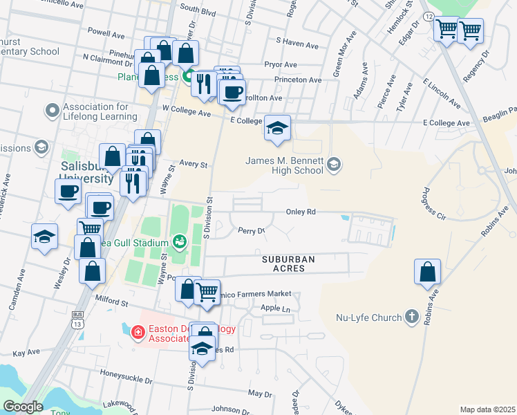map of restaurants, bars, coffee shops, grocery stores, and more near 133 Perry Drive in Salisbury