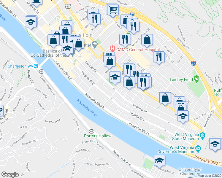 map of restaurants, bars, coffee shops, grocery stores, and more near 104 Bradford Street in Charleston