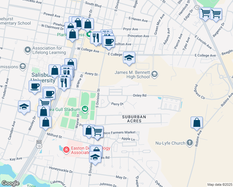 map of restaurants, bars, coffee shops, grocery stores, and more near 125 Onley Road in Salisbury