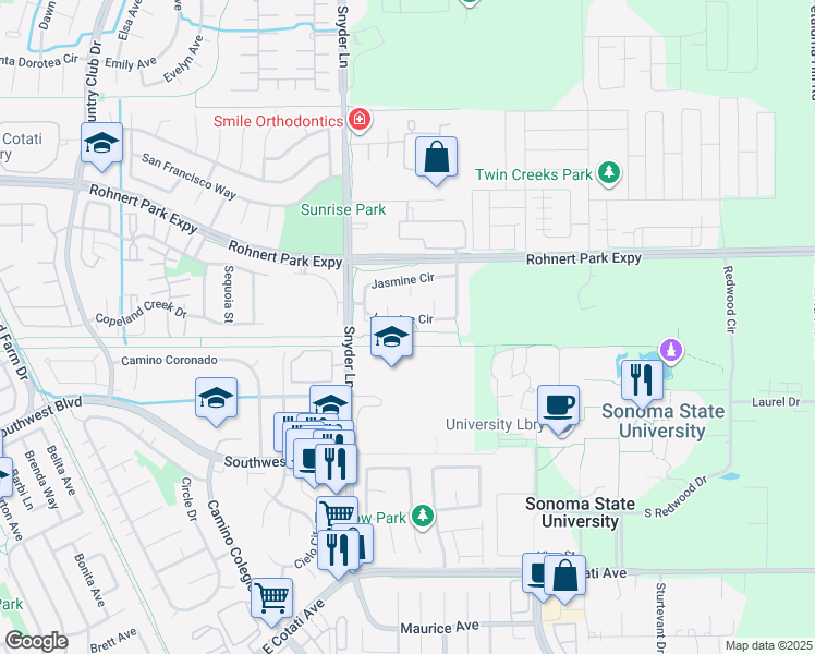 map of restaurants, bars, coffee shops, grocery stores, and more near 5450 Snyder Lane in Rohnert Park