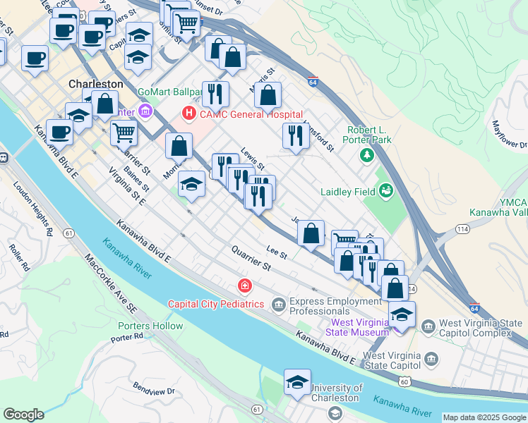 map of restaurants, bars, coffee shops, grocery stores, and more near 1511 워싱턴 스트리트 이스트 in Charleston