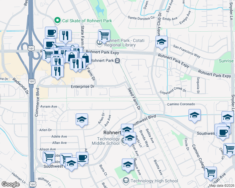 map of restaurants, bars, coffee shops, grocery stores, and more near in Rohnert Park