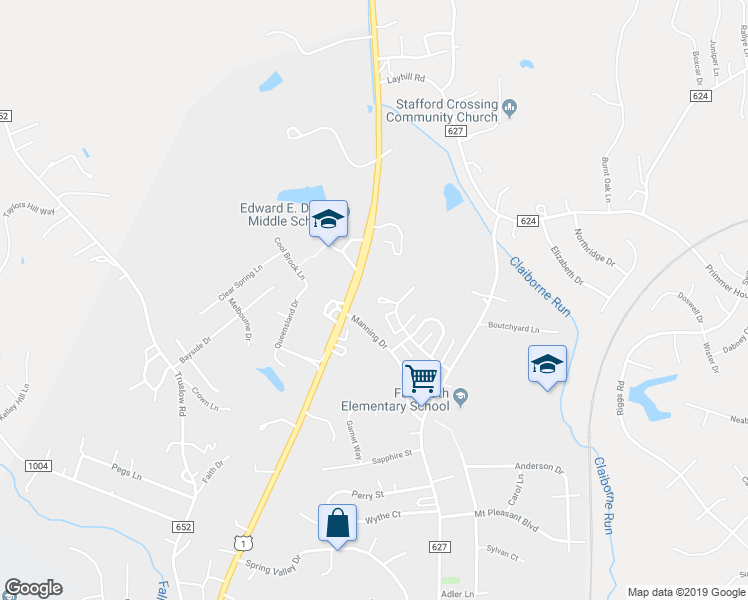 map of restaurants, bars, coffee shops, grocery stores, and more near 1223 Thomas Jefferson Place in Fredericksburg