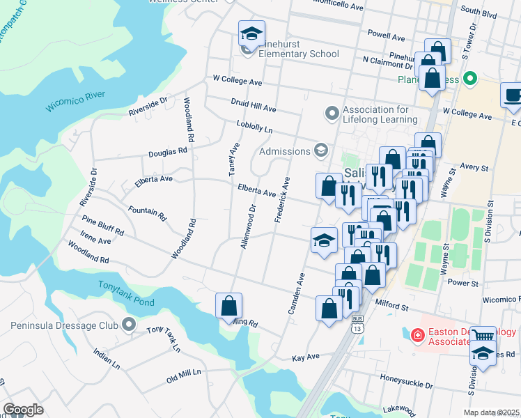 map of restaurants, bars, coffee shops, grocery stores, and more near 502 Elberta Avenue in Salisbury