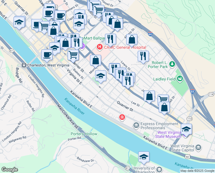 map of restaurants, bars, coffee shops, grocery stores, and more near 229 Bradford Street in Charleston