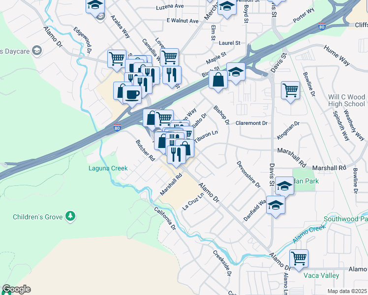 map of restaurants, bars, coffee shops, grocery stores, and more near 321 Ogden Way in Vacaville