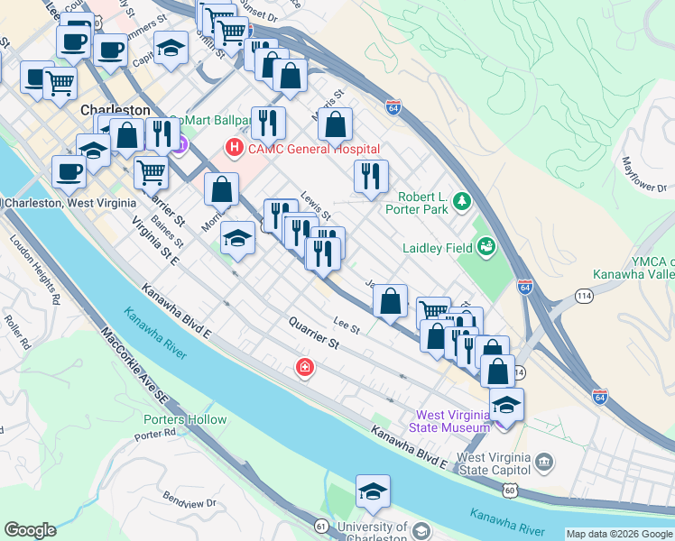 map of restaurants, bars, coffee shops, grocery stores, and more near in Charleston