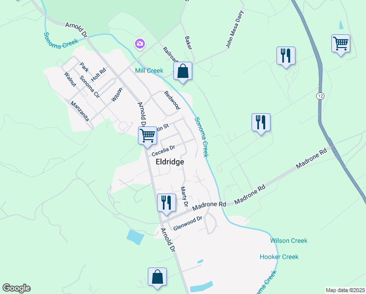 map of restaurants, bars, coffee shops, grocery stores, and more near 15157 Marty Drive in Glen Ellen