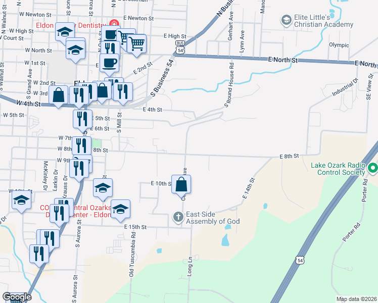 map of restaurants, bars, coffee shops, grocery stores, and more near 700-798 Railroad Pond Road in Eldon