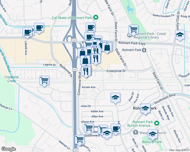map of restaurants, bars, coffee shops, grocery stores, and more near 211 Enterprise Drive in Rohnert Park