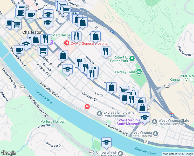 map of restaurants, bars, coffee shops, grocery stores, and more near 1429 Jackson Street in Charleston