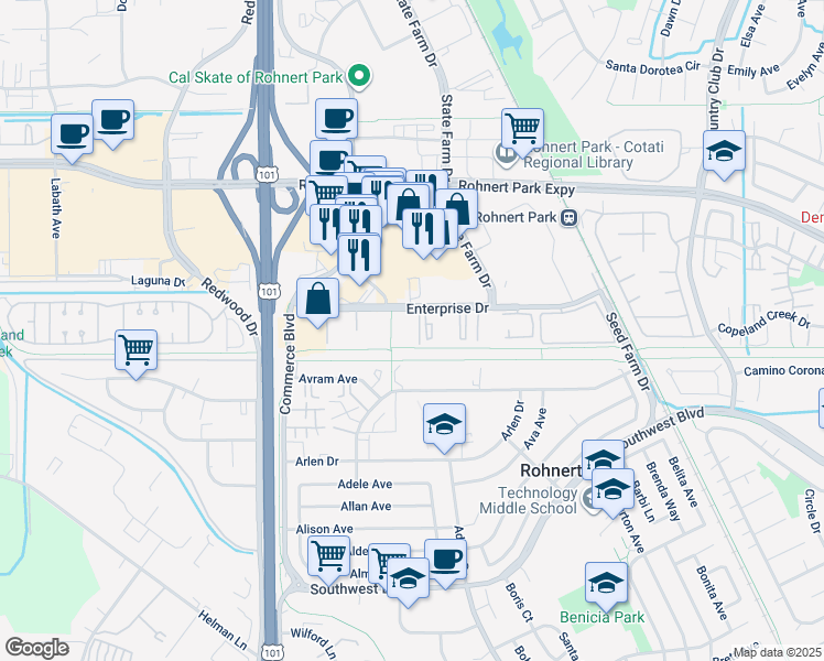 map of restaurants, bars, coffee shops, grocery stores, and more near 285 Enterprise Drive in Rohnert Park