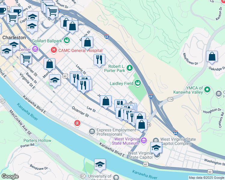 map of restaurants, bars, coffee shops, grocery stores, and more near 712 Thompson Street in Charleston