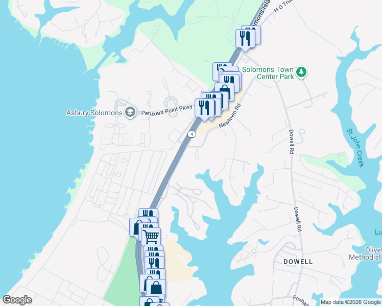 map of restaurants, bars, coffee shops, grocery stores, and more near 1353 Schooner Loop in Solomons
