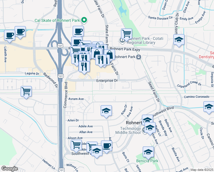 map of restaurants, bars, coffee shops, grocery stores, and more near 333 Enterprise Drive in Rohnert Park