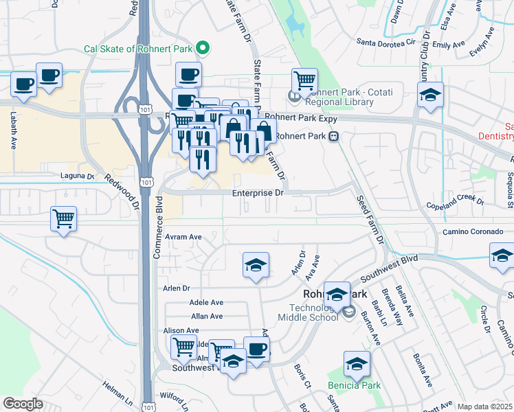 map of restaurants, bars, coffee shops, grocery stores, and more near in Rohnert Park