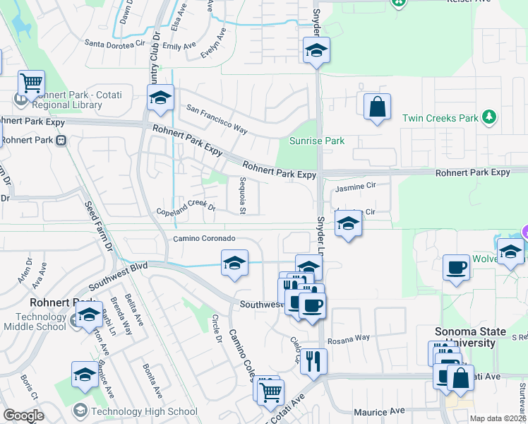 map of restaurants, bars, coffee shops, grocery stores, and more near 6463 Jacaranda Street in Rohnert Park