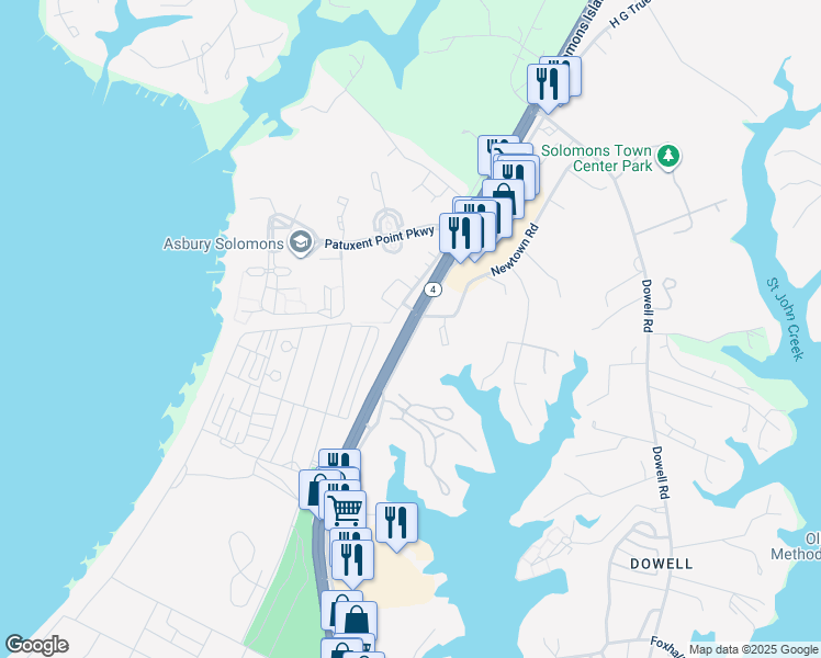 map of restaurants, bars, coffee shops, grocery stores, and more near Maryland 2 in Solomons
