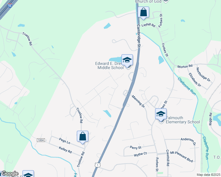 map of restaurants, bars, coffee shops, grocery stores, and more near 8 Queensland Drive in Fredericksburg