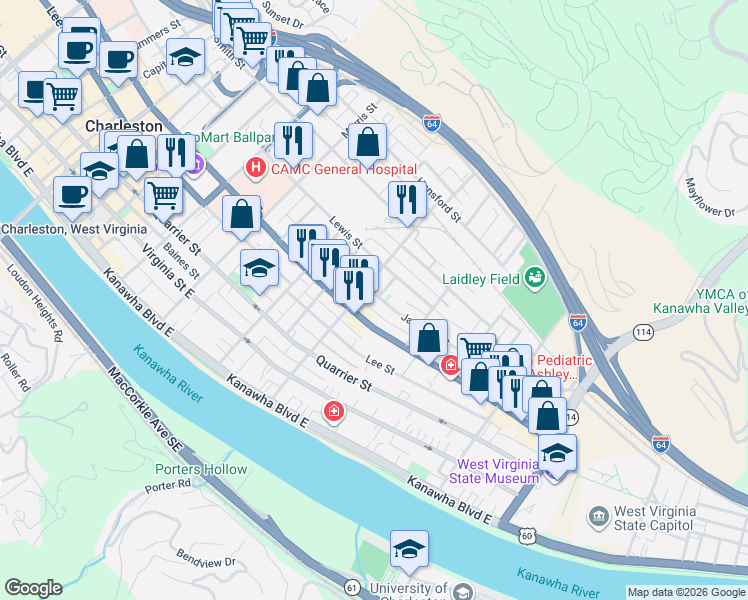 map of restaurants, bars, coffee shops, grocery stores, and more near 1507 Jackson Street in Charleston