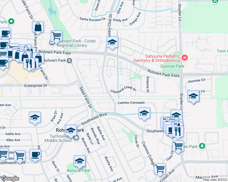 map of restaurants, bars, coffee shops, grocery stores, and more near Copeland Creek Drive & Joanne Court in Rohnert Park