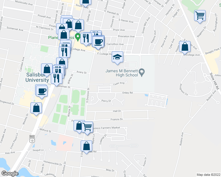 map of restaurants, bars, coffee shops, grocery stores, and more near 106 Cedar Crossing Road in Salisbury