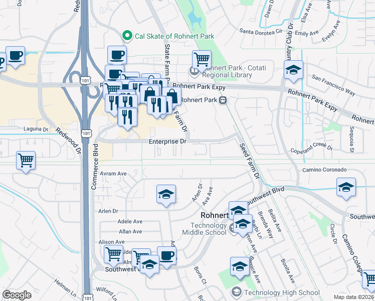 map of restaurants, bars, coffee shops, grocery stores, and more near 421 Enterprise Drive in Rohnert Park