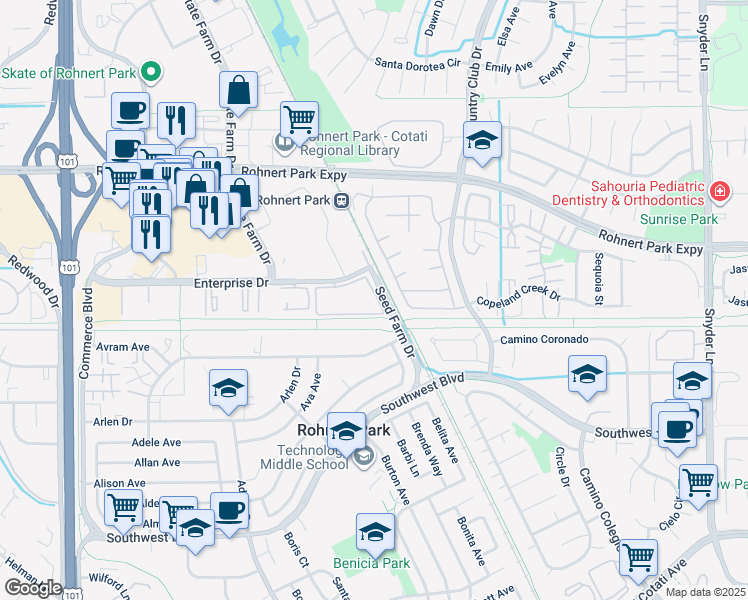map of restaurants, bars, coffee shops, grocery stores, and more near 291 Santa Alicia Drive in Rohnert Park