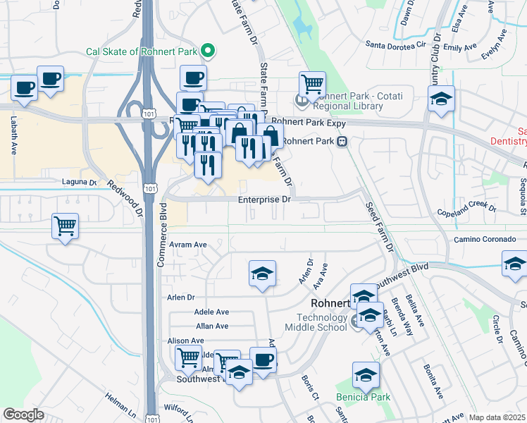 map of restaurants, bars, coffee shops, grocery stores, and more near in Rohnert Park