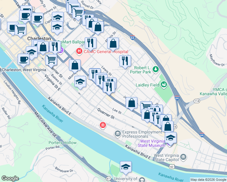 map of restaurants, bars, coffee shops, grocery stores, and more near in Charleston