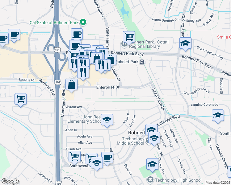 map of restaurants, bars, coffee shops, grocery stores, and more near 463 Enterprise Drive in Rohnert Park