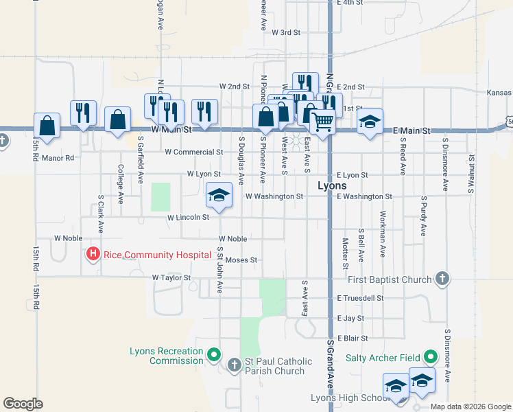 map of restaurants, bars, coffee shops, grocery stores, and more near 301-349 West Washington Street in Lyons