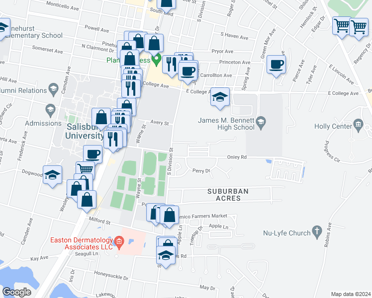 map of restaurants, bars, coffee shops, grocery stores, and more near 107 Cedar Crossing Road in Salisbury