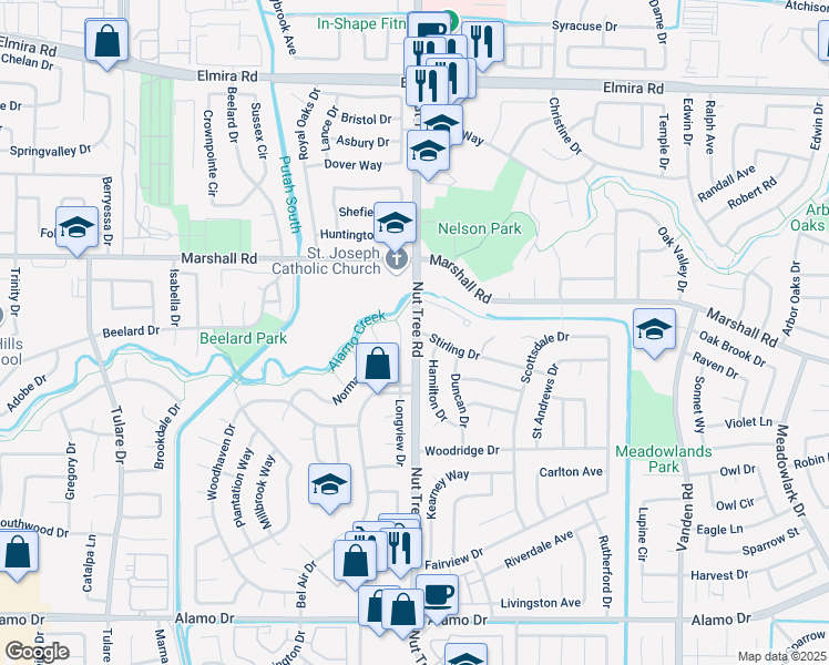 map of restaurants, bars, coffee shops, grocery stores, and more near Nut Tree Rd & Stirling Dr in Vacaville