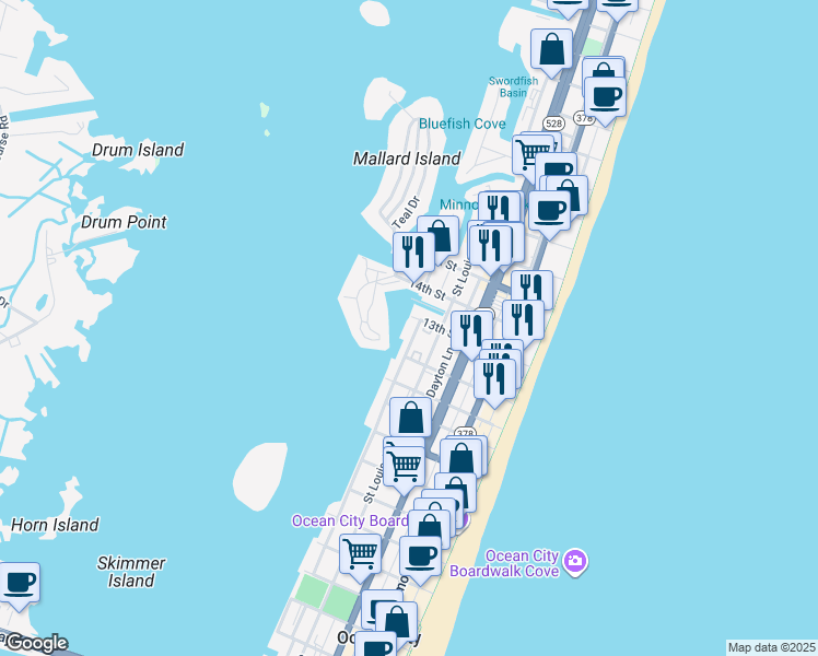 map of restaurants, bars, coffee shops, grocery stores, and more near 1223 Edgewater Avenue in Ocean City